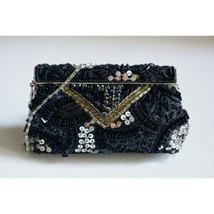Vintage Black Beaded Sequin Latch Closure Little Evening Purse